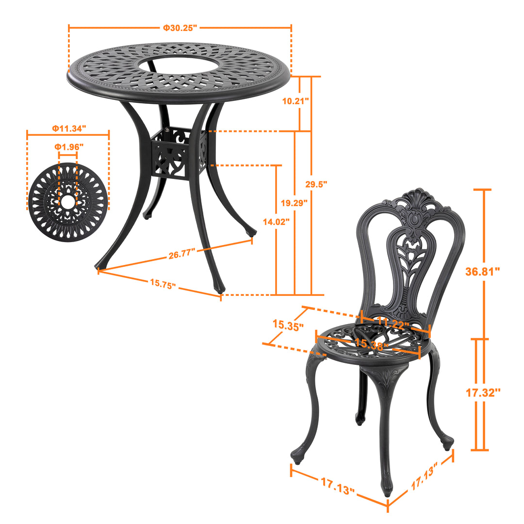 Outdoor 3-Piece Patio Bistro Set, 2 Patio Chairs and 31 Inch Round Ice Bucket Bistro Table with 1.97" Umbrella Hole, Cast Aluminum Frame, for Outdoor and Indoor Space, Patio, Deck, Garden, Backyard, Balcony, Black with Gold Speckles