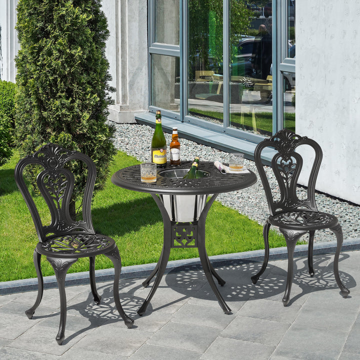 Outdoor 3-Piece Patio Bistro Set, 2 Patio Chairs and 31 Inch Round Ice Bucket Bistro Table with 1.97" Umbrella Hole, Cast Aluminum Frame, for Outdoor and Indoor Space, Patio, Deck, Garden, Backyard, Balcony, Black with Gold Speckles