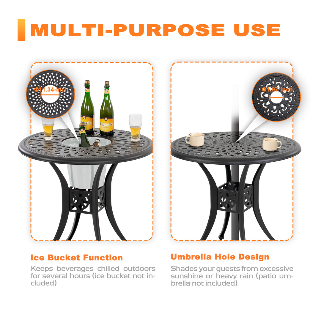 Outdoor 3-Piece Patio Bistro Set, 2 Patio Chairs and 31 Inch Round Ice Bucket Bistro Table with 1.97" Umbrella Hole, Cast Aluminum Frame, for Outdoor and Indoor Space, Patio, Deck, Garden, Backyard, Balcony, Black with Gold Speckles