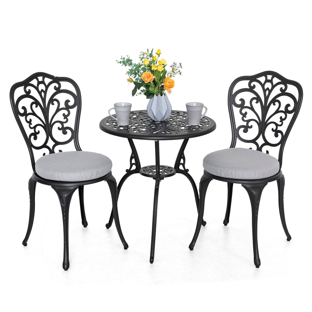 Outdoor 3-Piece Cast Aluminum Patio Set with Cushions and Umbrella Hole