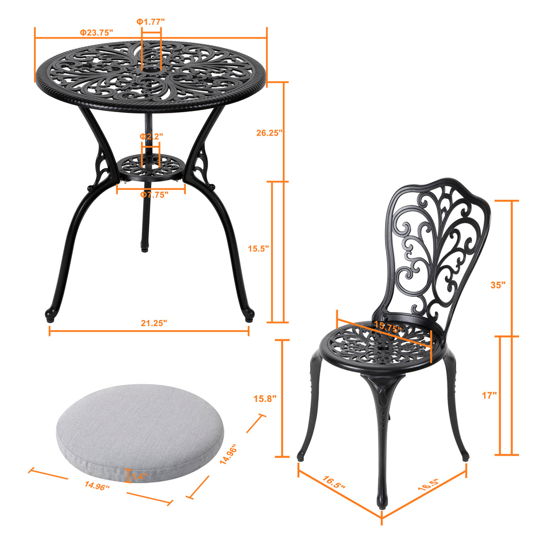 Outdoor 3-Piece Cast Aluminum Patio Set with Cushions and Umbrella Hole