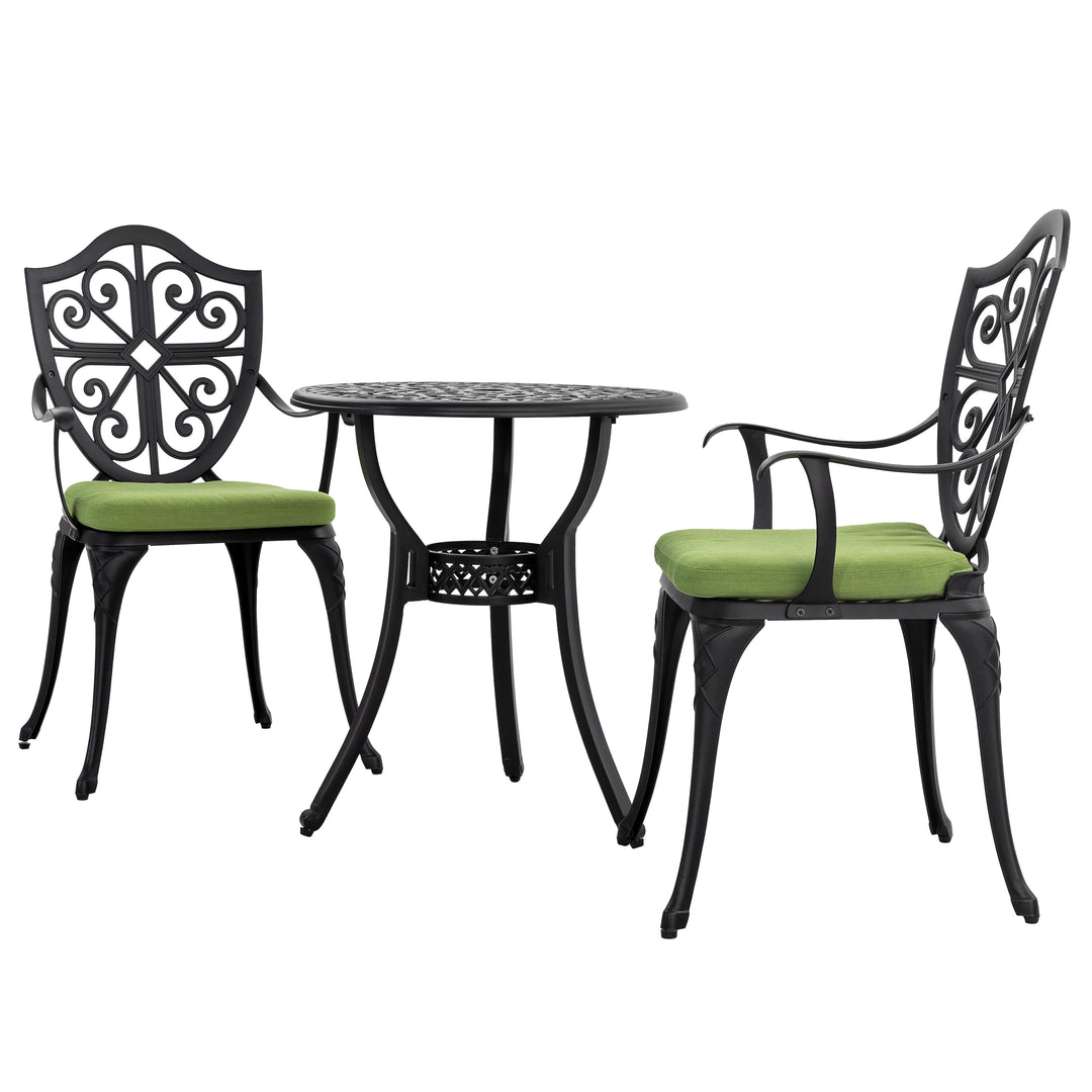 Outdoor 3-Piece Bistro Set with Cushions, Round 24 Inch Cast Aluminum Bistro Table with 2.17" Umbrella Hole, 2 Cast Aluminum Bistro Chairs, for Patio, Garden, Backyard and Balcony, Black