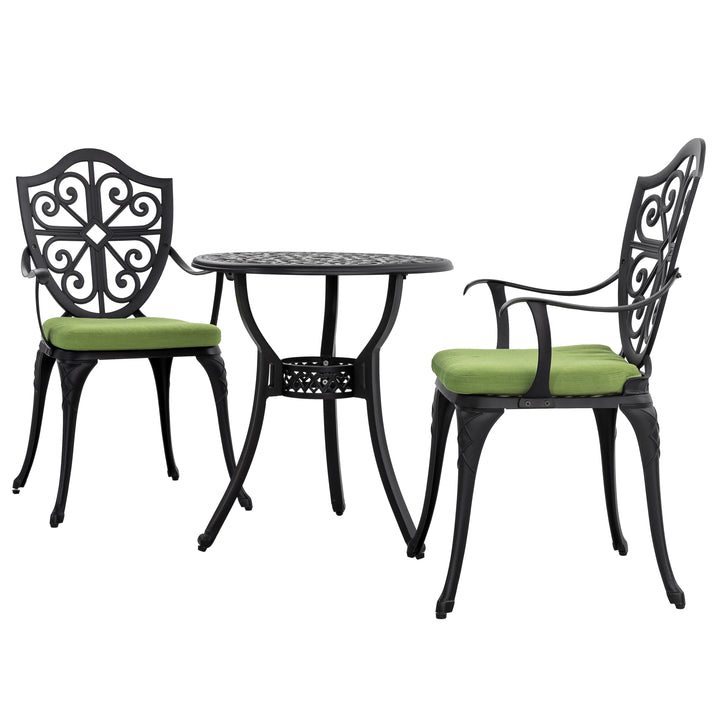 Outdoor 3-Piece Bistro Set with Cushions, Round 24 Inch Cast Aluminum Bistro Table with 2.17" Umbrella Hole, 2 Cast Aluminum Bistro Chairs, for Patio, Garden, Backyard and Balcony, Black