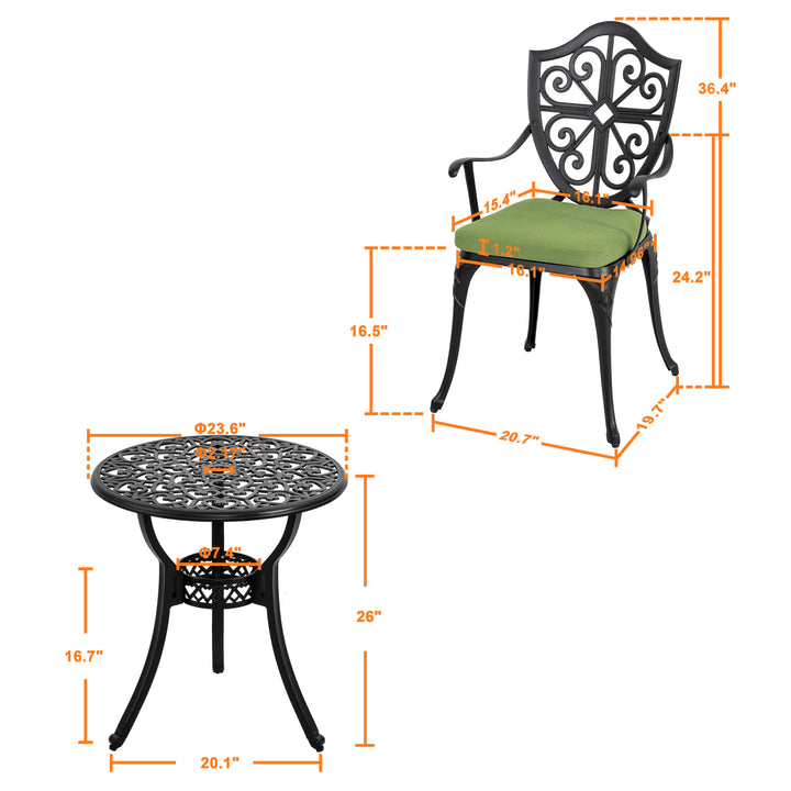 Outdoor 3-Piece Bistro Set with Cushions, Round 24 Inch Cast Aluminum Bistro Table with 2.17" Umbrella Hole, 2 Cast Aluminum Bistro Chairs, for Patio, Garden, Backyard and Balcony, Black