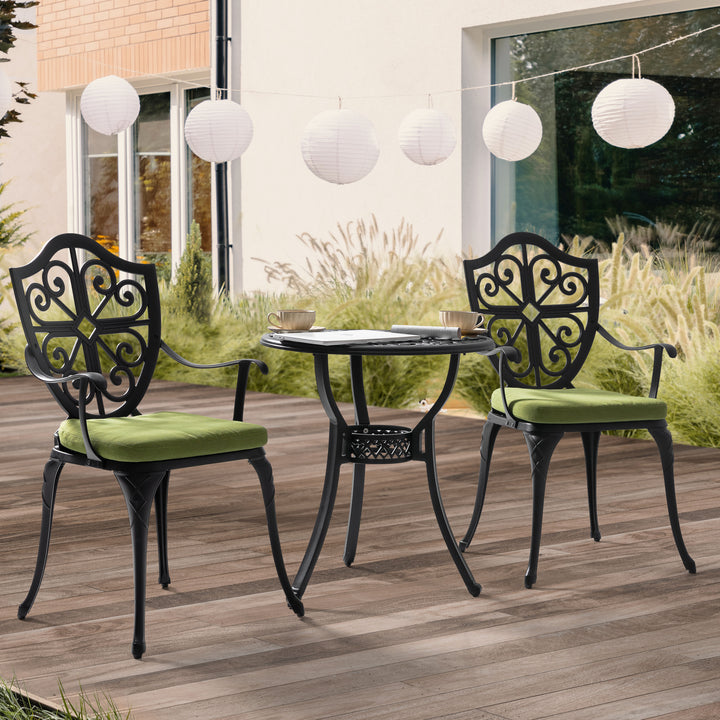 Outdoor 3-Piece Bistro Set with Cushions, Round 24 Inch Cast Aluminum Bistro Table with 2.17" Umbrella Hole, 2 Cast Aluminum Bistro Chairs, for Patio, Garden, Backyard and Balcony, Black