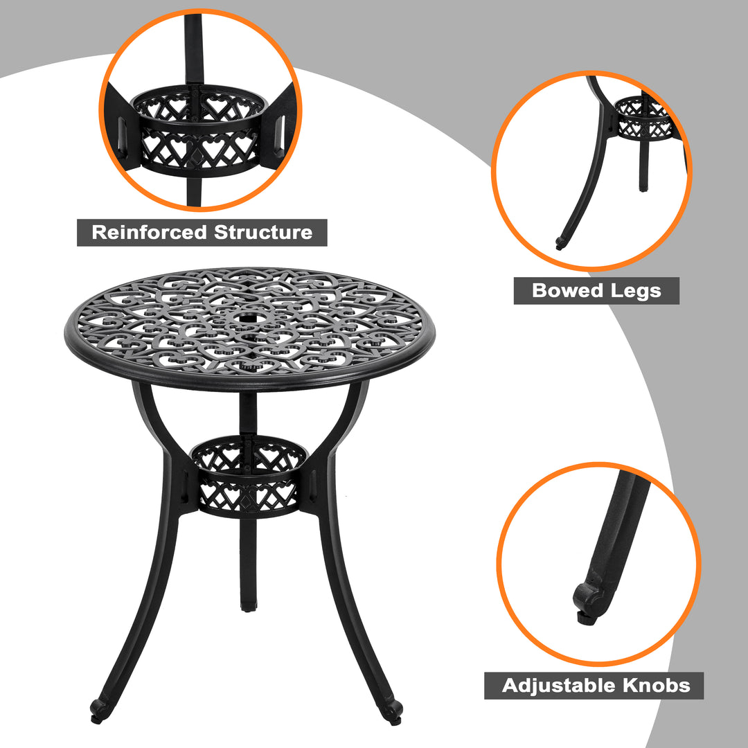 Outdoor 3-Piece Bistro Set with Cushions, Round 24 Inch Cast Aluminum Bistro Table with 2.17" Umbrella Hole, 2 Cast Aluminum Bistro Chairs, for Patio, Garden, Backyard and Balcony, Black
