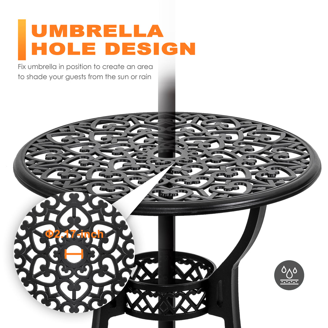 Outdoor 3-Piece Bistro Set with Cushions, Round 24 Inch Cast Aluminum Bistro Table with 2.17" Umbrella Hole, 2 Cast Aluminum Bistro Chairs, for Patio, Garden, Backyard and Balcony, Black