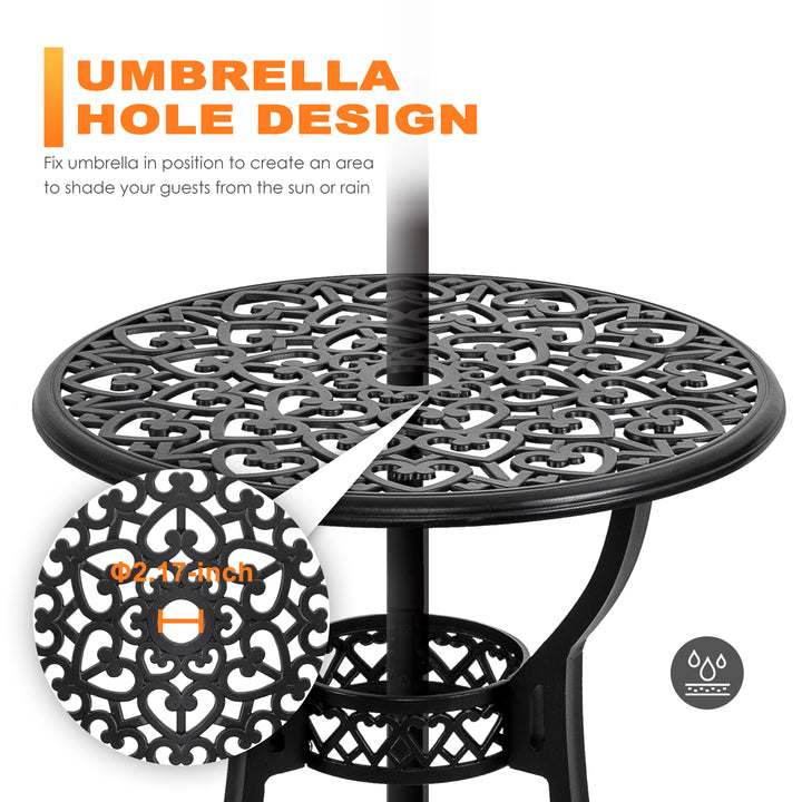 Outdoor 3-Piece Bistro Set with Cushions, Round 24 Inch Cast Aluminum Bistro Table with 2.17" Umbrella Hole, 2 Cast Aluminum Bistro Chairs, for Patio, Garden, Backyard and Balcony, Black