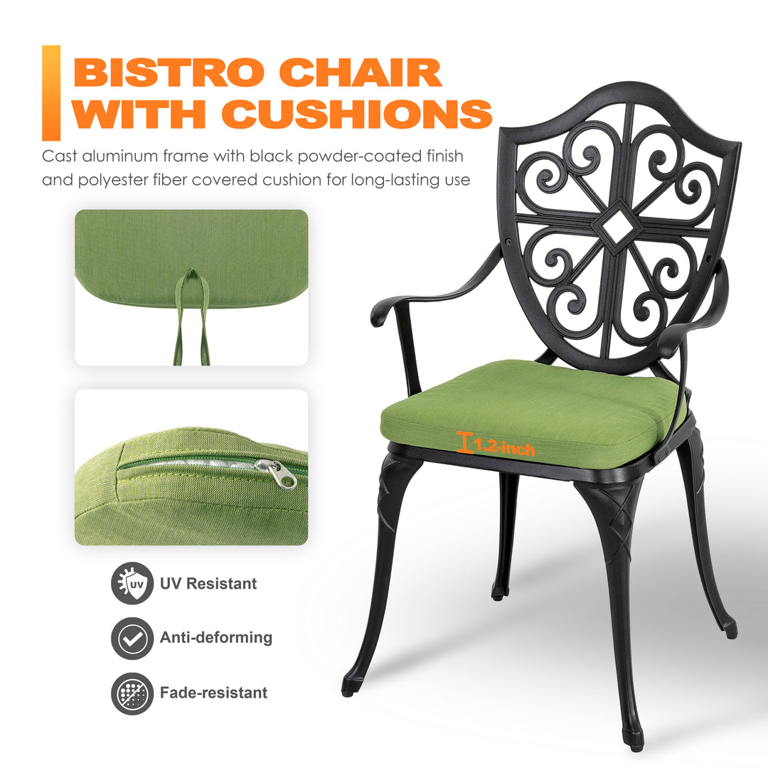 Outdoor 3-Piece Bistro Set with Cushions, Round 24 Inch Cast Aluminum Bistro Table with 2.17" Umbrella Hole, 2 Cast Aluminum Bistro Chairs, for Patio, Garden, Backyard and Balcony, Black
