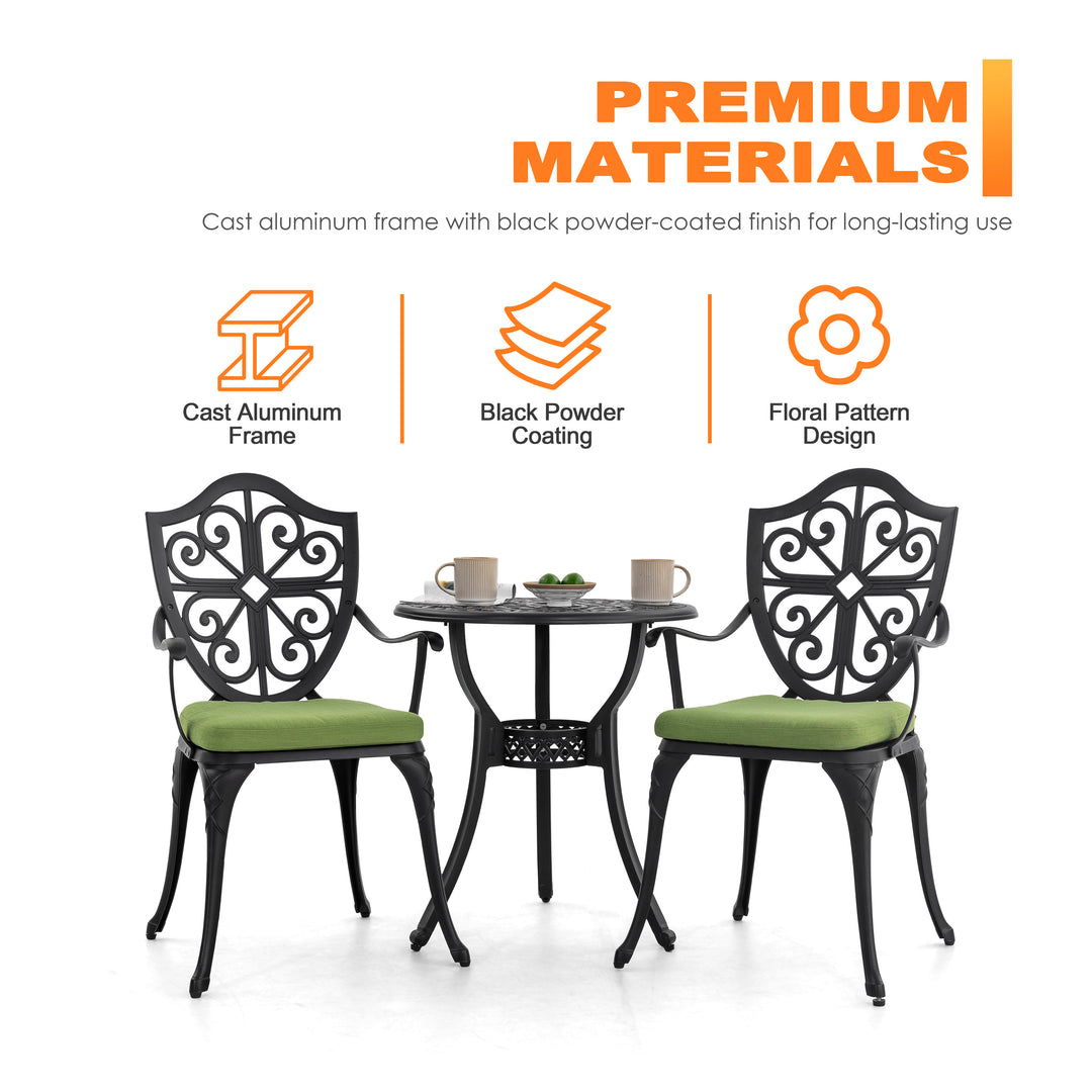 Outdoor 3-Piece Bistro Set with Cushions, Round 24 Inch Cast Aluminum Bistro Table with 2.17" Umbrella Hole, 2 Cast Aluminum Bistro Chairs, for Patio, Garden, Backyard and Balcony, Black
