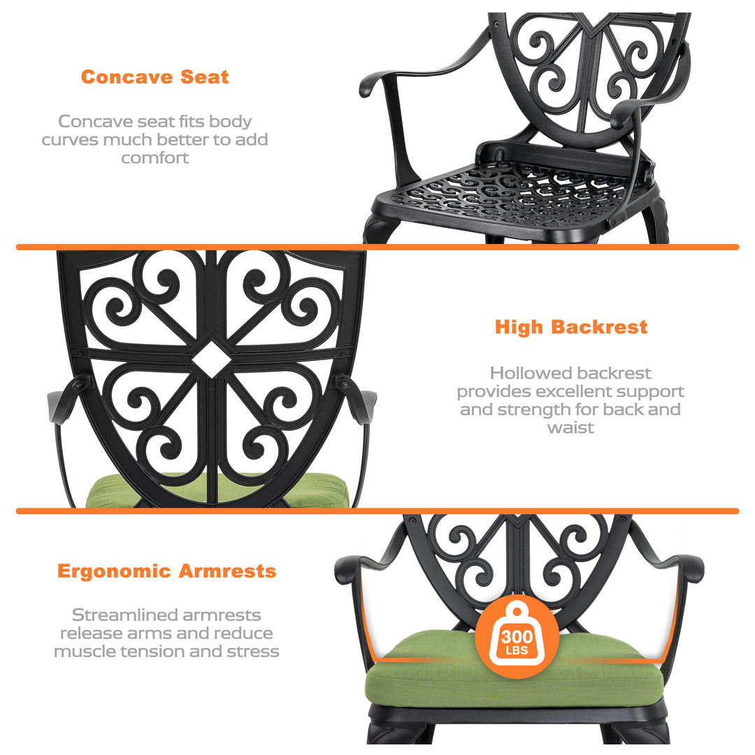 Outdoor 3-Piece Bistro Set with Cushions, Round 24 Inch Cast Aluminum Bistro Table with 2.17" Umbrella Hole, 2 Cast Aluminum Bistro Chairs, for Patio, Garden, Backyard and Balcony, Black