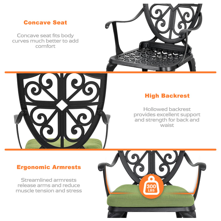 Outdoor 3-Piece Bistro Set with Cushions, Round 24 Inch Cast Aluminum Bistro Table with 2.17" Umbrella Hole, 2 Cast Aluminum Bistro Chairs, for Patio, Garden, Backyard and Balcony, Black