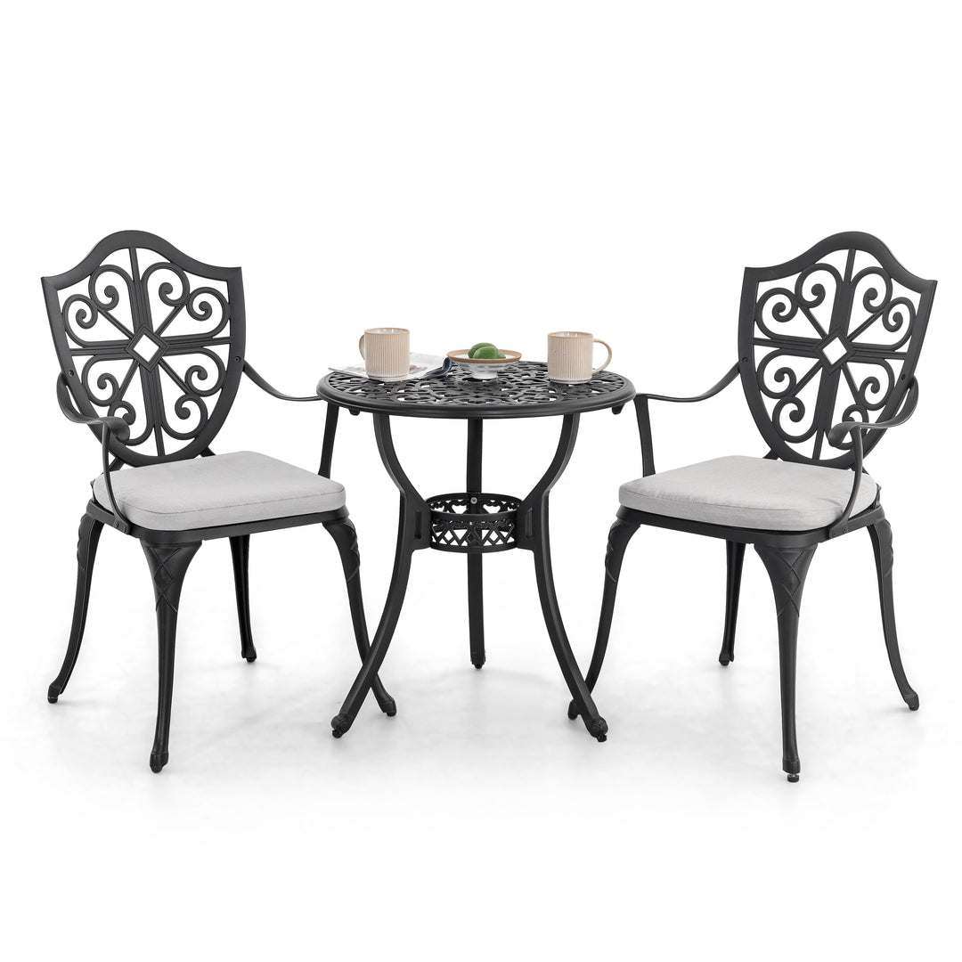 Outdoor 3-Piece Bistro Set with Cushions, Round 24 Inch Cast Aluminum Bistro Table with 2.17" Umbrella Hole, 2 Cast Aluminum Bistro Chairs, for Patio, Garden, Backyard and Balcony, Black