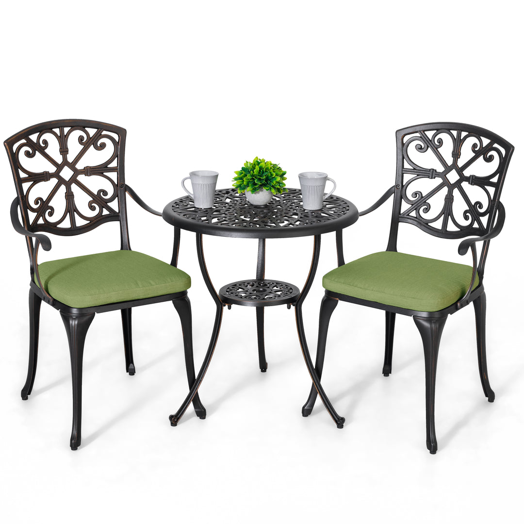Outdoor 3-Piece Cast Aluminum Patio Set with Cushions and Umbrella Hole