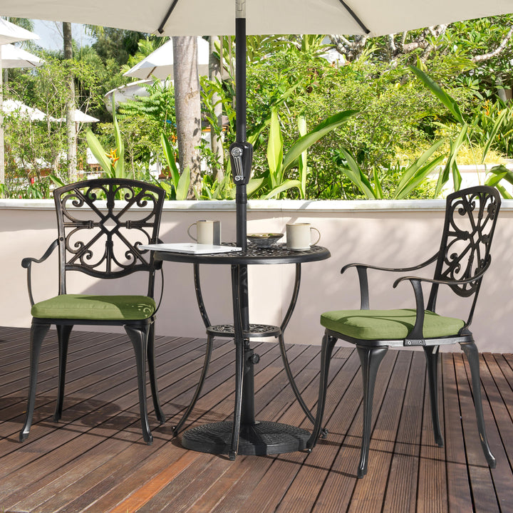 Outdoor 3-Piece Cast Aluminum Patio Set with Cushions and Umbrella Hole