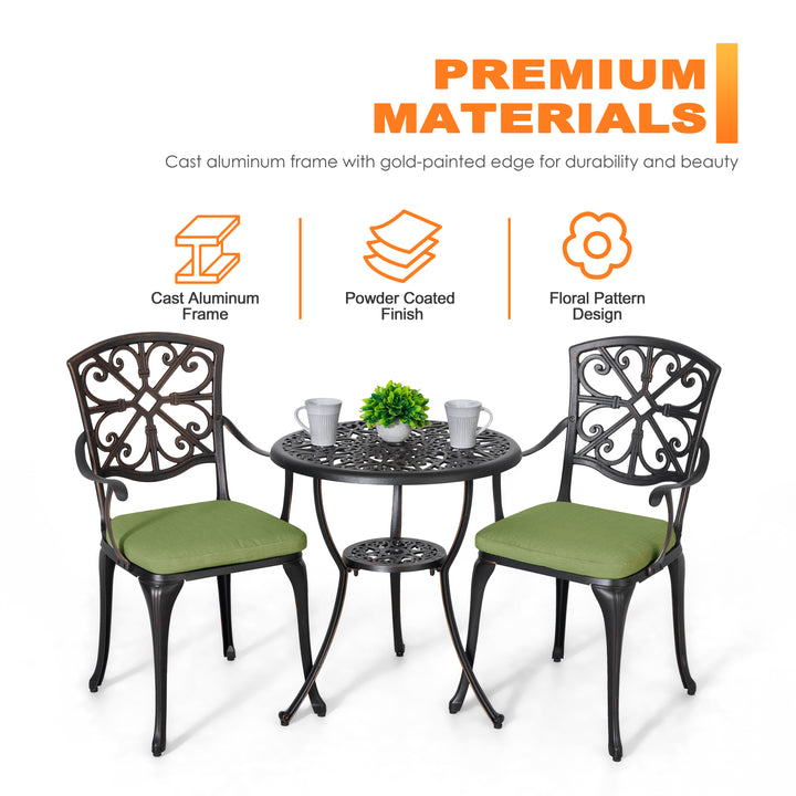 Outdoor 3-Piece Cast Aluminum Patio Set with Cushions and Umbrella Hole