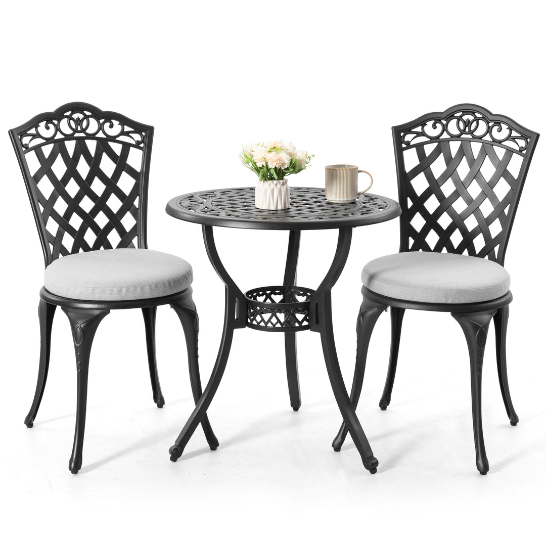 Nuu Garden 3-Piece Patio Bistro Set, Outdoor Patio Bistro Set with Umbrella Hole and Gray Cushions for Patio Balcony, Black