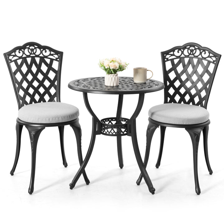 Nuu Garden 3-Piece Patio Bistro Set, Outdoor Patio Bistro Set with Umbrella Hole and Gray Cushions for Patio Balcony, Black