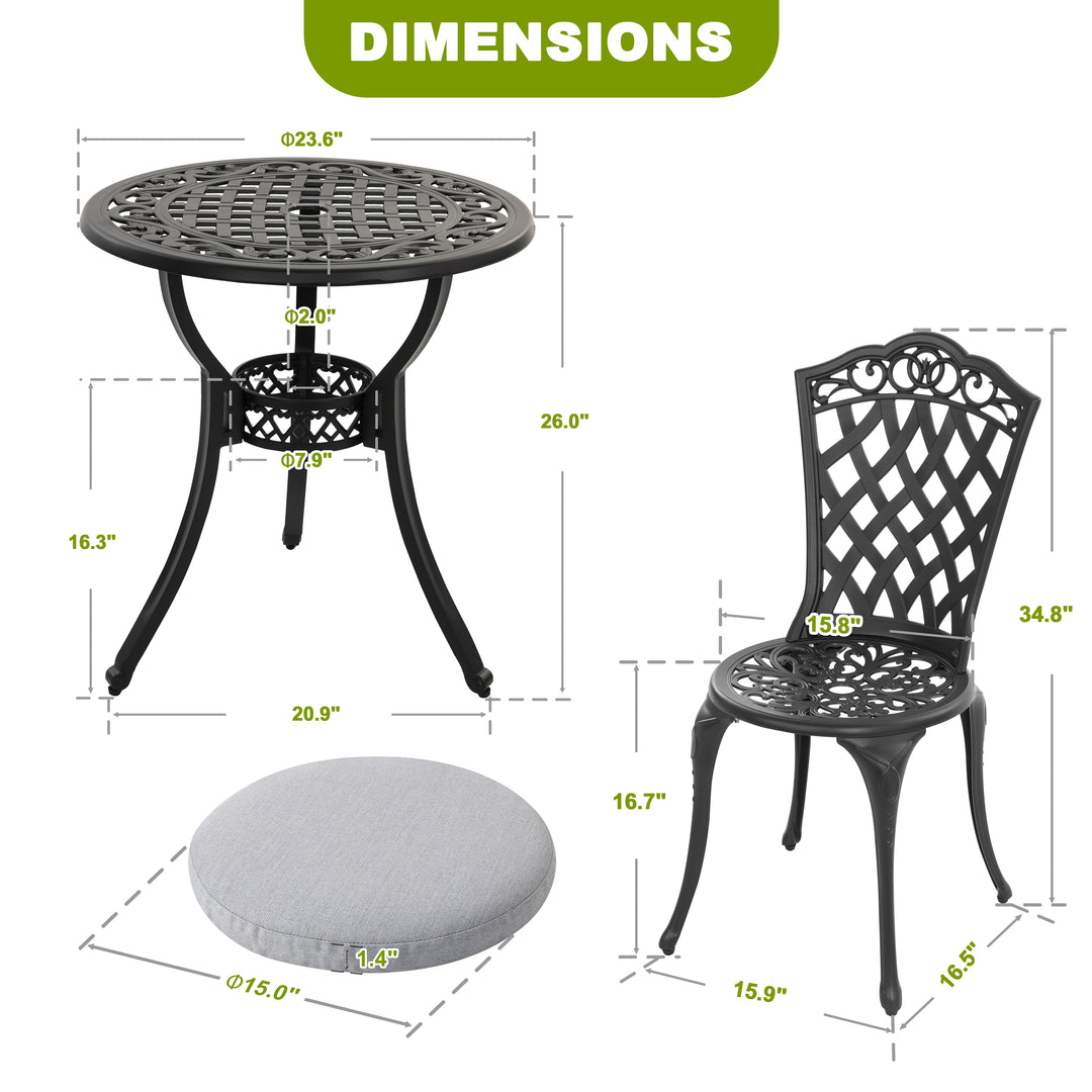 Nuu Garden 3-Piece Patio Bistro Set, Outdoor Patio Bistro Set with Umbrella Hole and Gray Cushions for Patio Balcony, Black