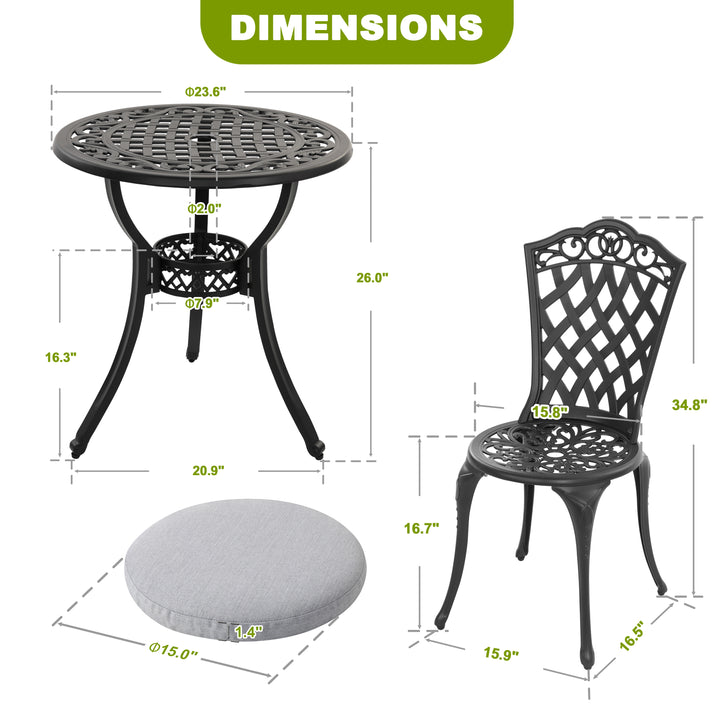 Nuu Garden 3-Piece Patio Bistro Set, Outdoor Patio Bistro Set with Umbrella Hole and Gray Cushions for Patio Balcony, Black