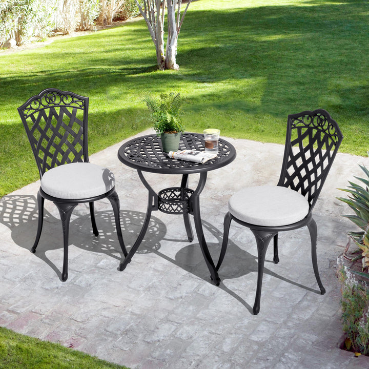 Nuu Garden 3-Piece Patio Bistro Set, Outdoor Patio Bistro Set with Umbrella Hole and Gray Cushions for Patio Balcony, Black