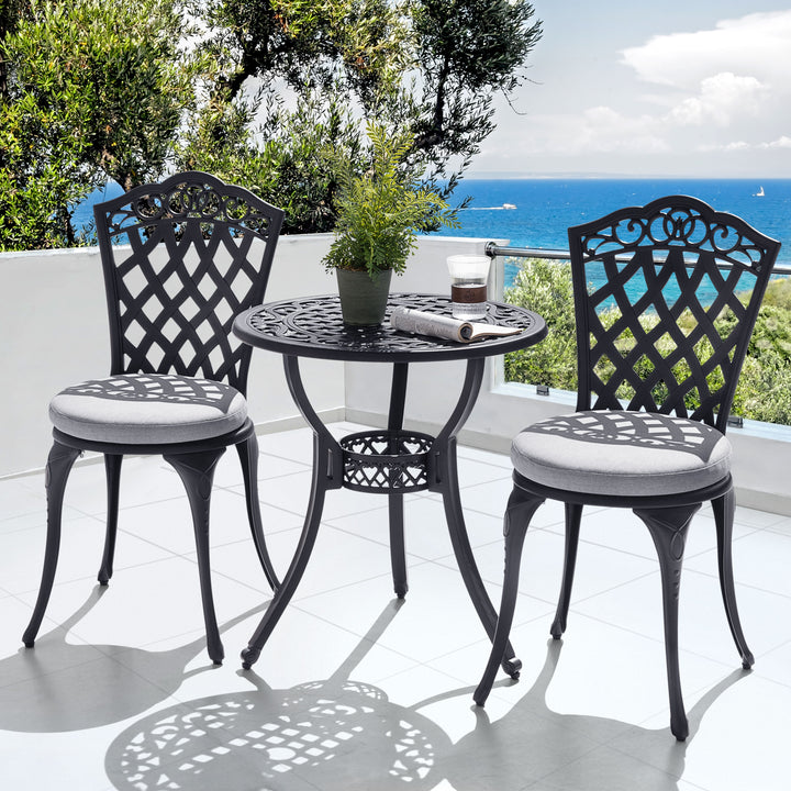 Nuu Garden 3-Piece Patio Bistro Set, Outdoor Patio Bistro Set with Umbrella Hole and Gray Cushions for Patio Balcony, Black