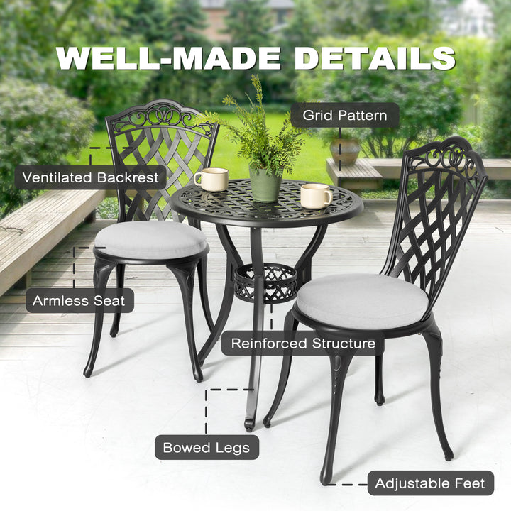 Nuu Garden 3-Piece Patio Bistro Set, Outdoor Patio Bistro Set with Umbrella Hole and Gray Cushions for Patio Balcony, Black
