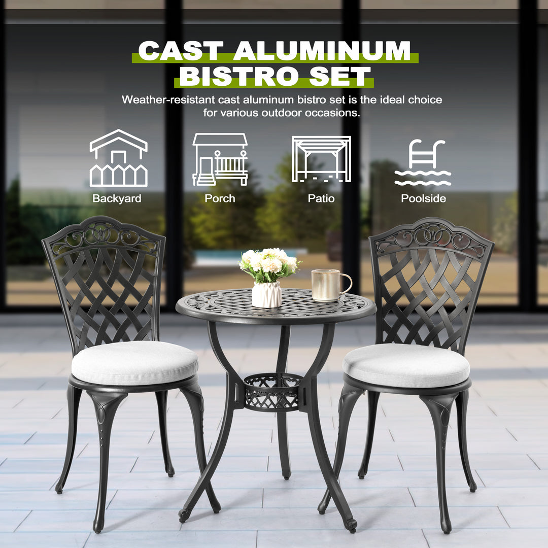 Nuu Garden 3-Piece Patio Bistro Set, Outdoor Patio Bistro Set with Umbrella Hole and Gray Cushions for Patio Balcony, Black