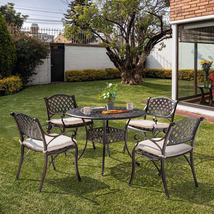 5 Pieces Outdoor Patio Cast Aluminum Dining Set with Cushions, Outdoor Conversation Furniture Set, 4 Dining Chairs, 42?¡¥?¡¥ Round Bistro Table with Umbrella Hole