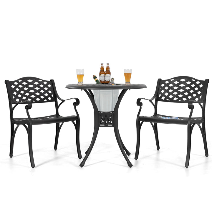 Outdoor 3-Piece Cast Aluminum Bistro Set, 2 Patio Chairs, Ice Bucket Table