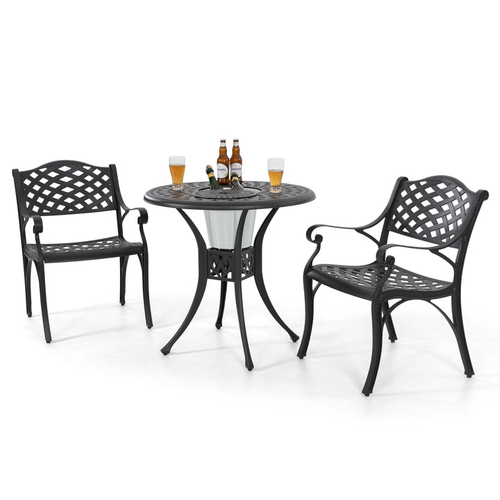 Outdoor 3-Piece Cast Aluminum Bistro Set, 2 Patio Chairs, Ice Bucket Table