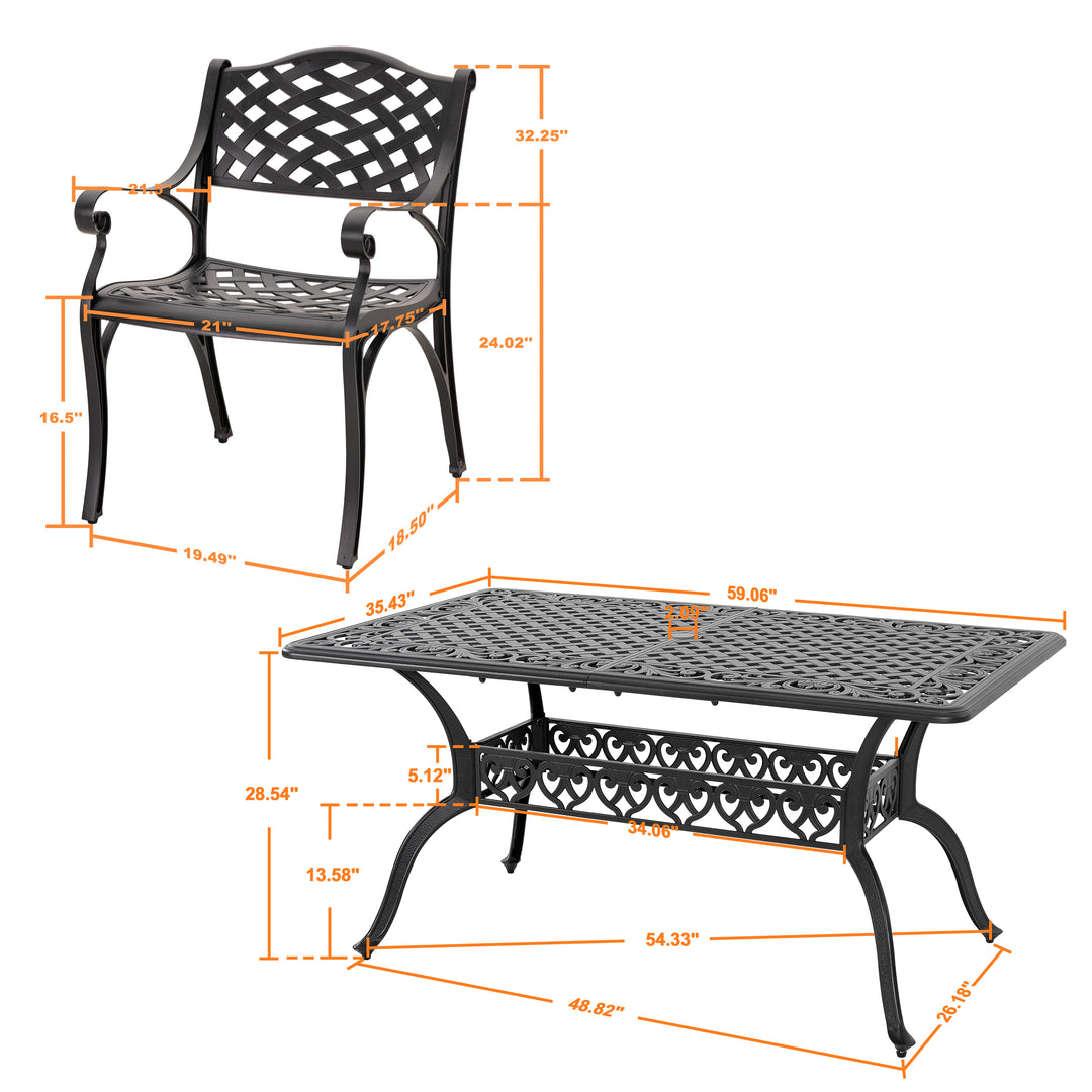 Nuu Garden Outdoor 7-Piece Cast Aluminum Dining Set, Lattice and Floral Patterns