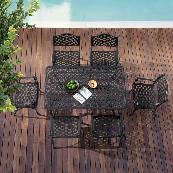 Nuu Garden Outdoor 7-Piece Cast Aluminum Dining Set, Lattice and Floral Patterns