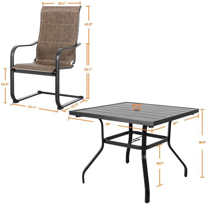5 Piece Outdoor Dining Set, Square Steel Umbrella Dining Table and 4 C-spring Motion Textilene Chairs