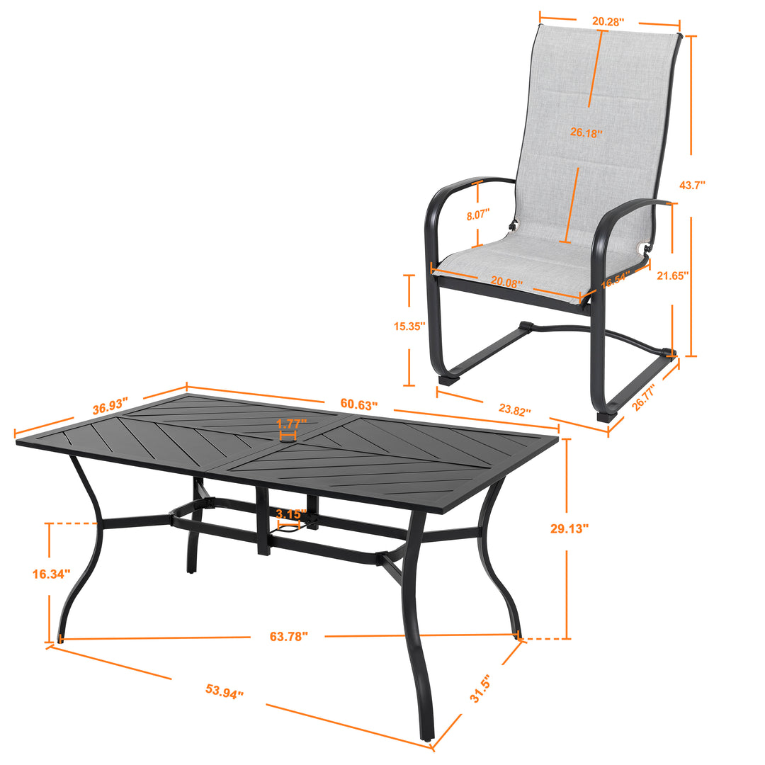 7 Piece Outdoor Dining Set, Rectangle Steel Umbrella Dining Table and 6 C-spring Motion Textilene Chairs