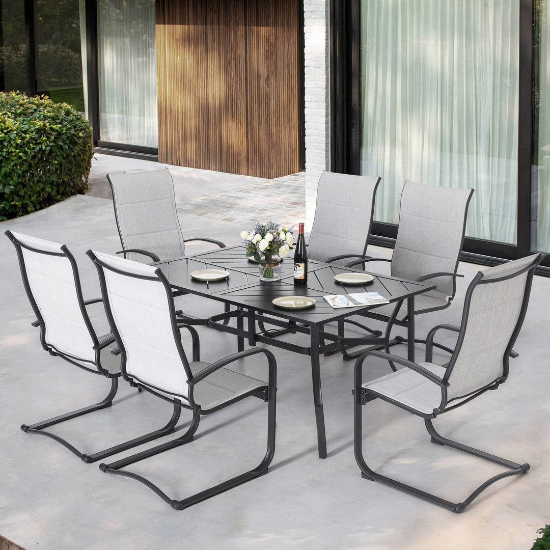 7 Piece Outdoor Dining Set, Rectangle Steel Umbrella Dining Table and 6 C-spring Motion Textilene Chairs