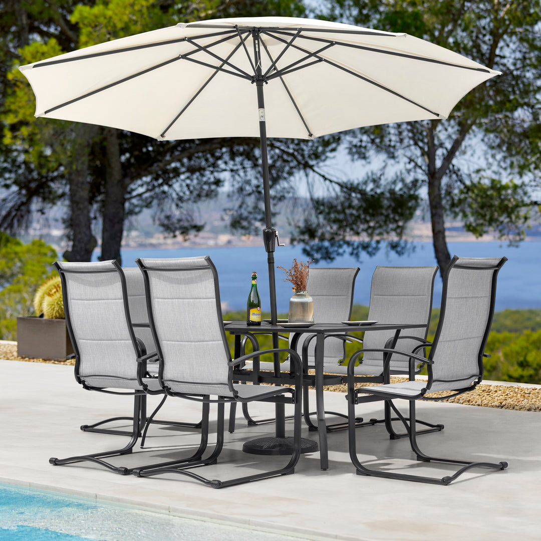 7 Piece Outdoor Dining Set, Rectangle Steel Umbrella Dining Table and 6 C-spring Motion Textilene Chairs