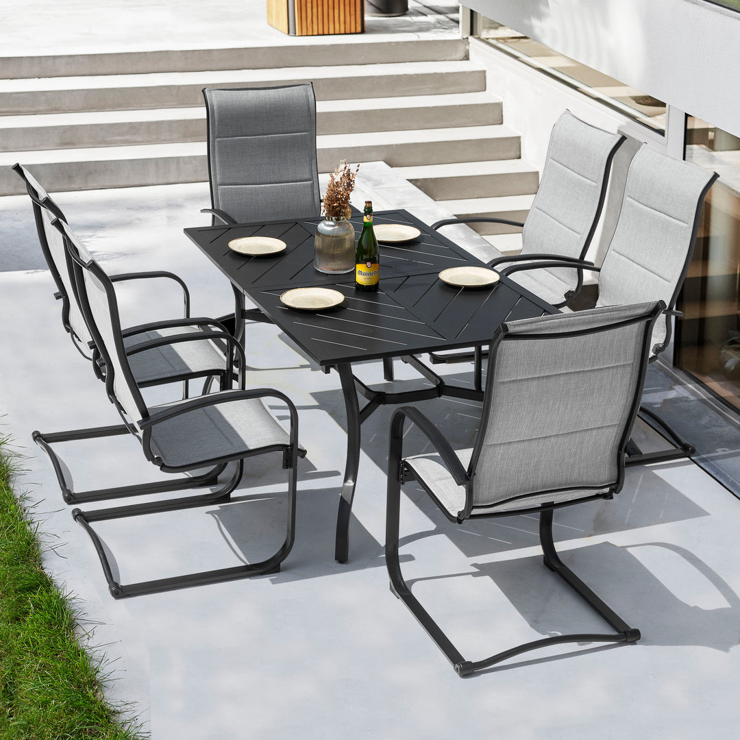 7 Piece Outdoor Dining Set, Rectangle Steel Umbrella Dining Table and 6 C-spring Motion Textilene Chairs