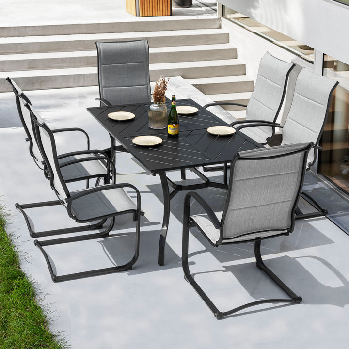 7 Piece Outdoor Dining Set, Rectangle Steel Umbrella Dining Table and 6 C-spring Motion Textilene Chairs