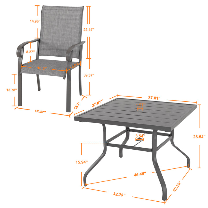 Outdoor 5-Piece Dining Set, Textilene Fabric Chairs and 37'' Square Dining Table