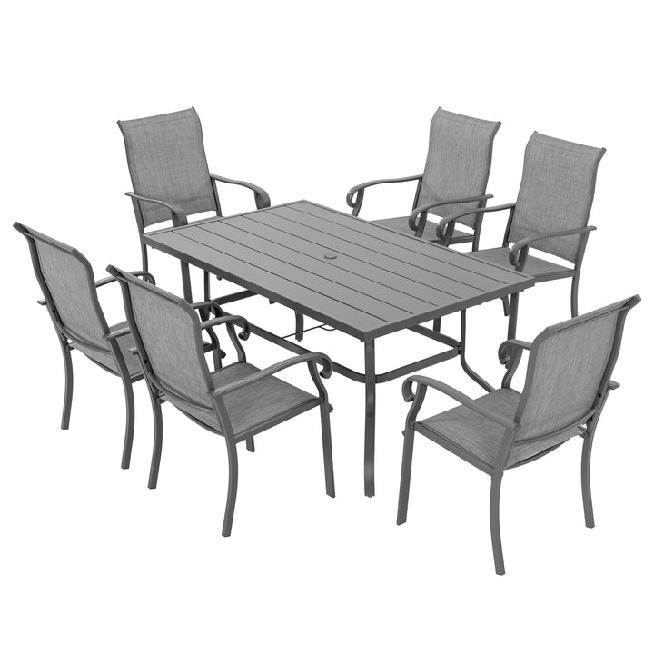 7-Piece Outdoor Patio Dining Set, 61" Long Iron Table, 6 Textilene Chairs