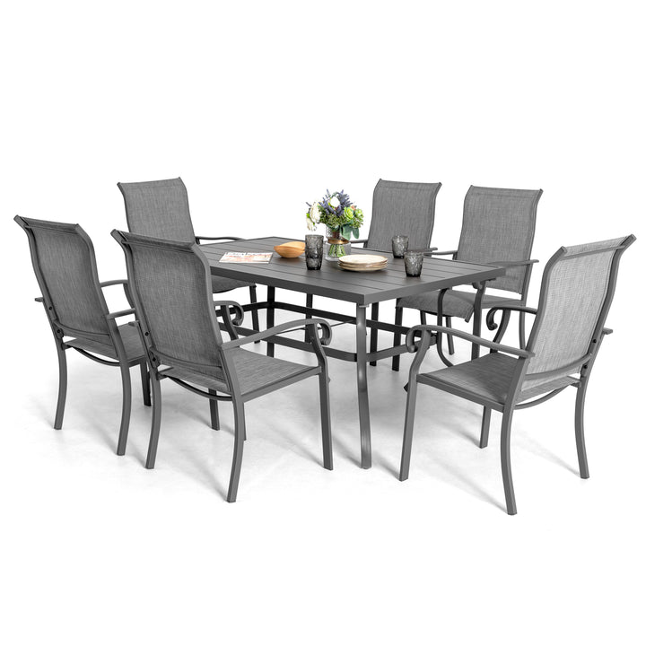 7-Piece Outdoor Patio Dining Set, 61" Long Iron Table, 6 Textilene Chairs