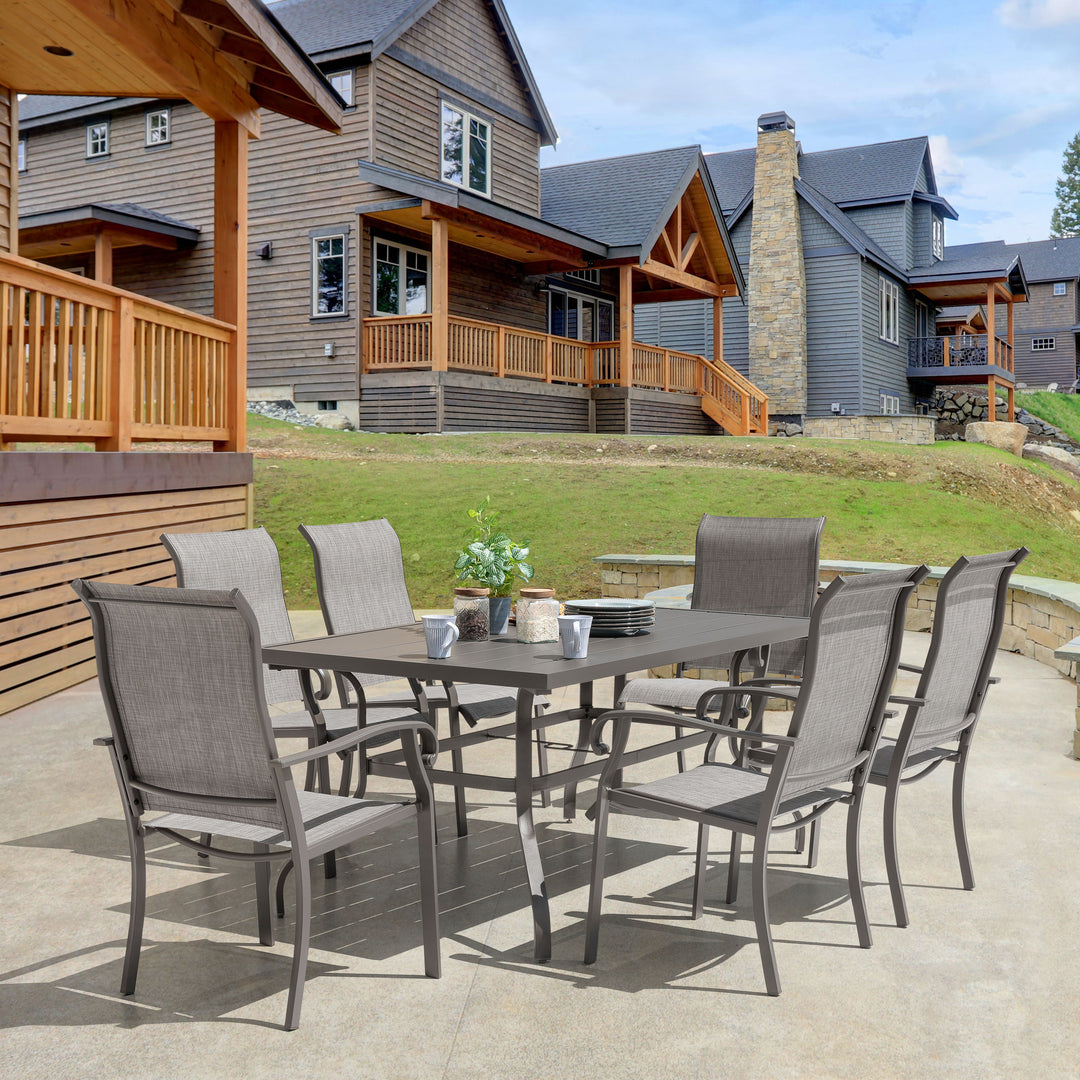 7-Piece Outdoor Patio Dining Set, 61" Long Iron Table, 6 Textilene Chairs