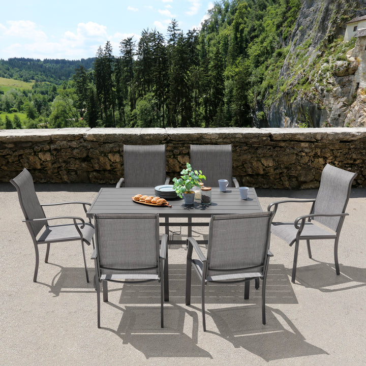7-Piece Outdoor Patio Dining Set, 61" Long Iron Table, 6 Textilene Chairs