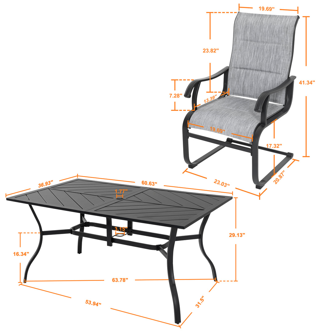 7 Piece Outdoor Dining Set, Rectangle Steel Umbrella Dining Table and 6 C-spring Motion Textilene Chairs