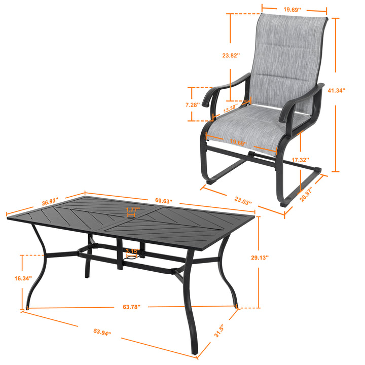 7 Piece Outdoor Dining Set, Rectangle Steel Umbrella Dining Table and 6 C-spring Motion Textilene Chairs