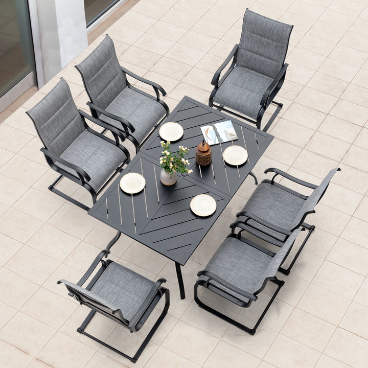 7 Piece Outdoor Dining Set, Rectangle Steel Umbrella Dining Table and 6 C-spring Motion Textilene Chairs