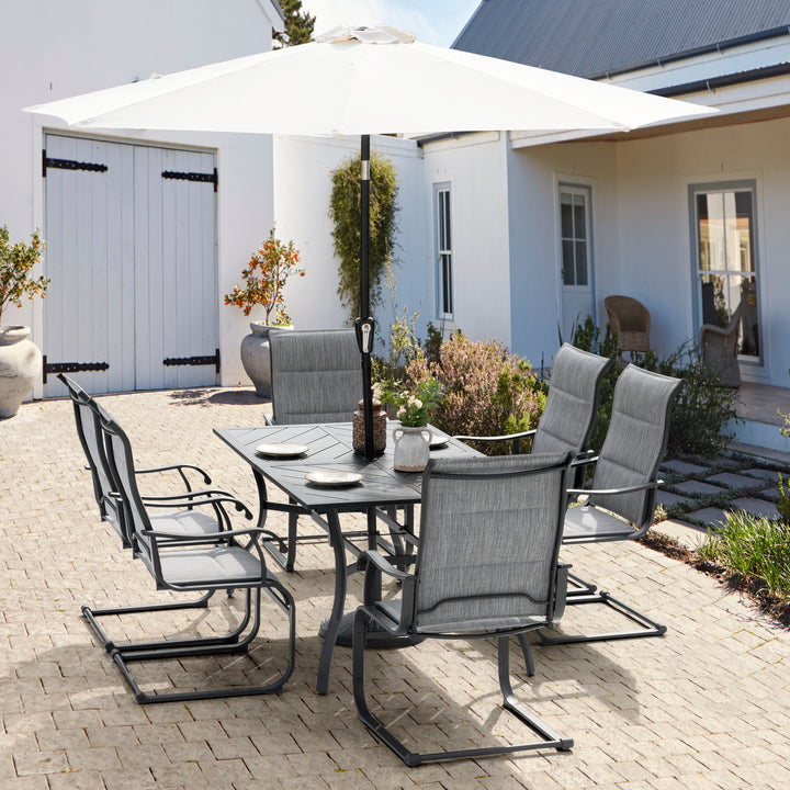 7 Piece Outdoor Dining Set, Rectangle Steel Umbrella Dining Table and 6 C-spring Motion Textilene Chairs