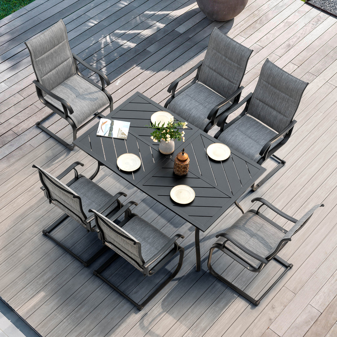 7 Piece Outdoor Dining Set, Rectangle Steel Umbrella Dining Table and 6 C-spring Motion Textilene Chairs