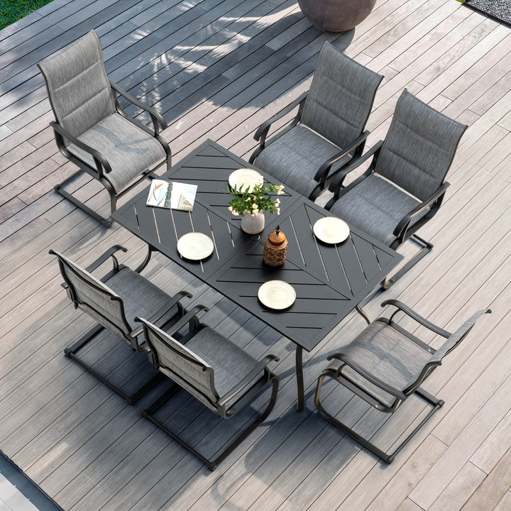 7 Piece Outdoor Dining Set, Rectangle Steel Umbrella Dining Table and 6 C-spring Motion Textilene Chairs